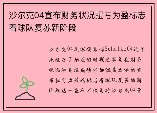 沙尔克04宣布财务状况扭亏为盈标志着球队复苏新阶段