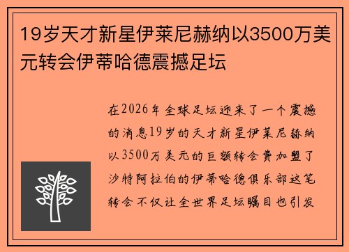 19岁天才新星伊莱尼赫纳以3500万美元转会伊蒂哈德震撼足坛