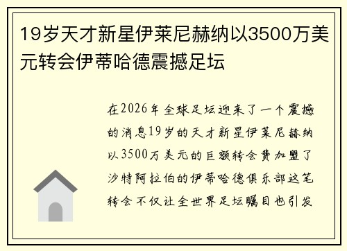 19岁天才新星伊莱尼赫纳以3500万美元转会伊蒂哈德震撼足坛