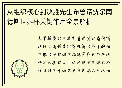 从组织核心到决胜先生布鲁诺费尔南德斯世界杯关键作用全景解析